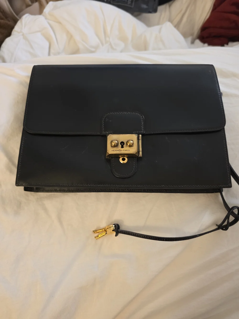 Authentic Hermès Black Leather Clutch Pouchette With Strap And Sack